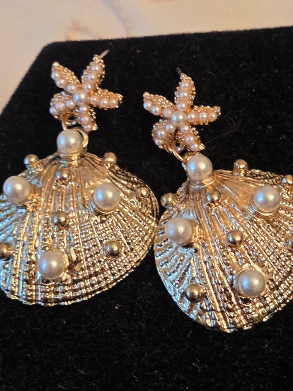 Gold tone and Faux Pearl Shell Earrings